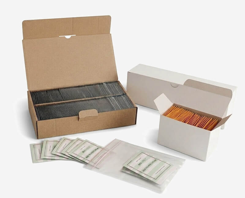 subembalaje de nuestros productos, cajas, estuches de cartón, bolsas minigrip...