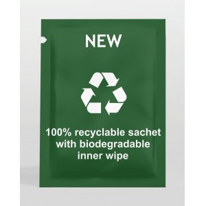 <h4>sachet</h4><p>envase: pp reciclable</p><p>dimensiones: 60x80mm</p><p>nº tintas: 1</p><p>toallita: papel biodegradable</p>